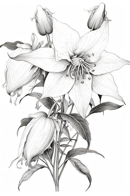 Un dessin d'un bouquet de fleurs avec des feuilles et des bourgeons ai génératif