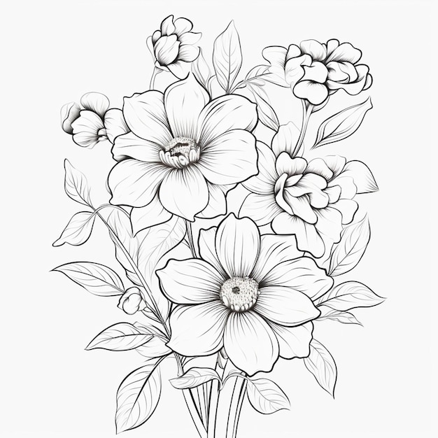 un dessin d'un bouquet de fleurs avec des feuilles et des fleurs ai générative