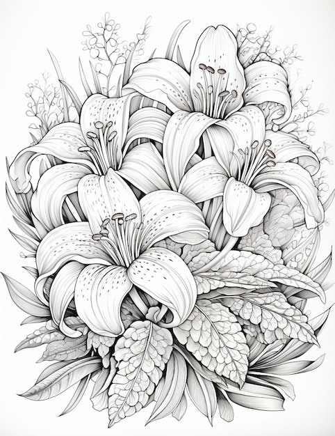 un dessin d'un bouquet de fleurs avec des feuilles et des fleurs ai générative