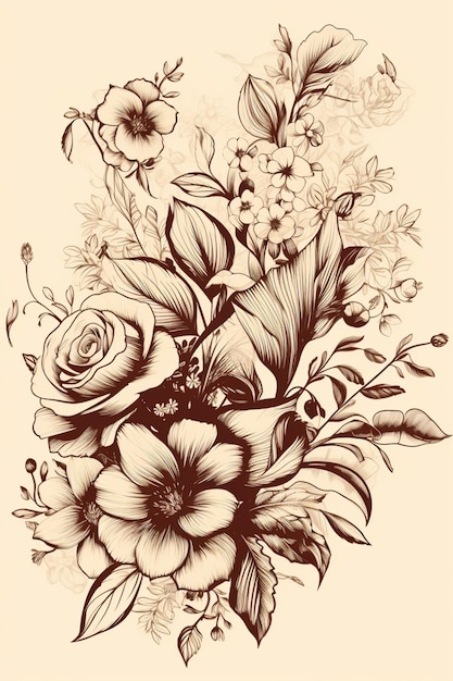 un dessin d'un bouquet de fleurs avec des feuilles et des fleurs génératives ai