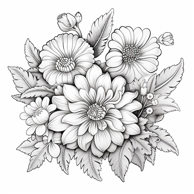 Un dessin d'un bouquet de fleurs avec des feuilles et des fleurs génératives ai