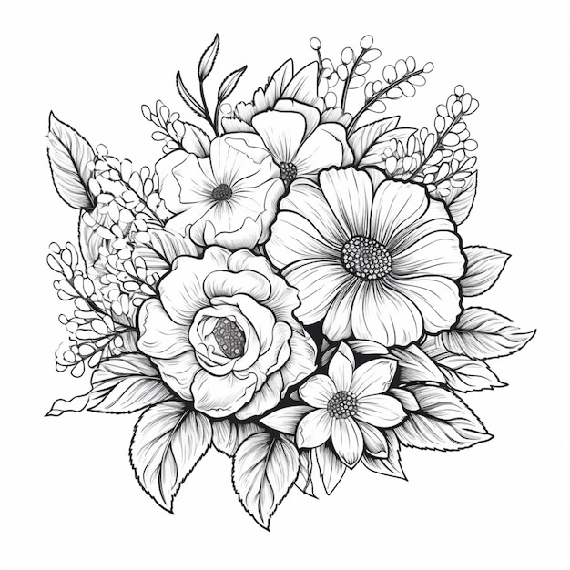 Un dessin d'un bouquet de fleurs avec des feuilles et des fleurs génératives ai