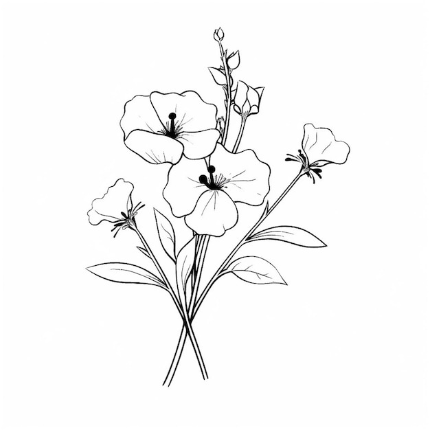 un dessin d'un bouquet de fleurs avec des feuilles sur fond blanc ai générative