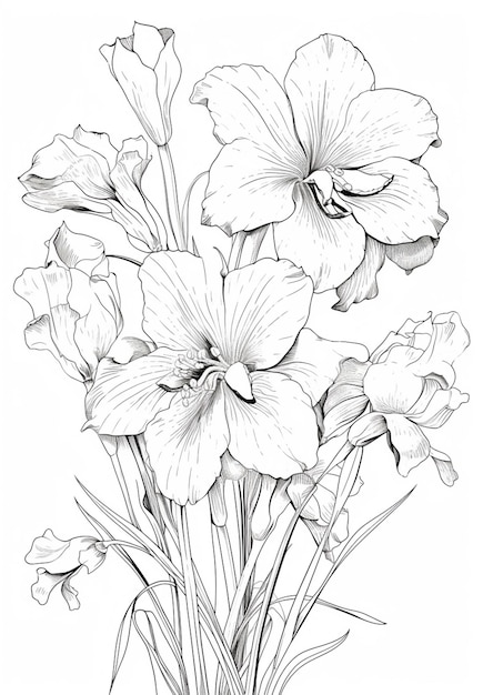 Un dessin d'un bouquet de fleurs avec des feuilles sur fond blanc ai générative