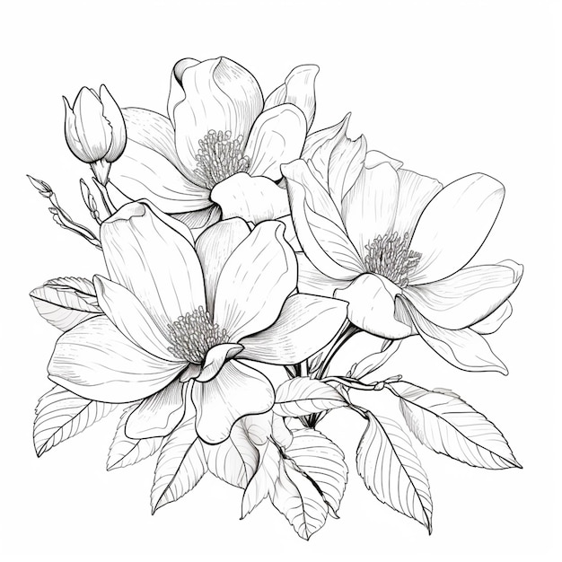 un dessin d'un bouquet de fleurs avec des feuilles sur fond blanc ai générative