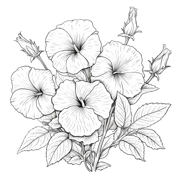 Un dessin d'un bouquet de fleurs avec des feuilles sur fond blanc ai générative