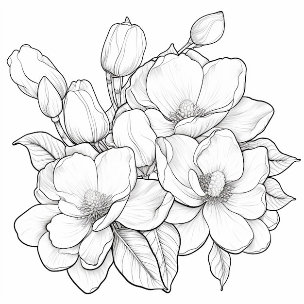 Un dessin d'un bouquet de fleurs avec des feuilles sur fond blanc ai générative