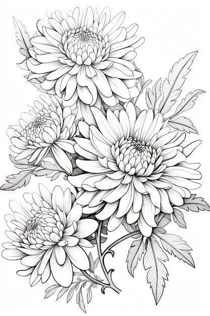 Un dessin d'un bouquet de fleurs avec des feuilles sur un fond blanc