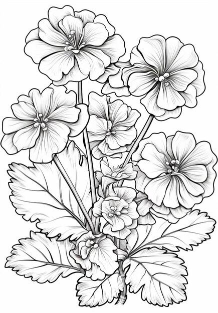 un dessin d'un bouquet de fleurs avec des feuilles génératives ai