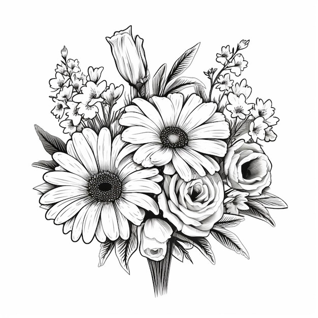 un dessin d'un bouquet de fleurs avec un fond blanc