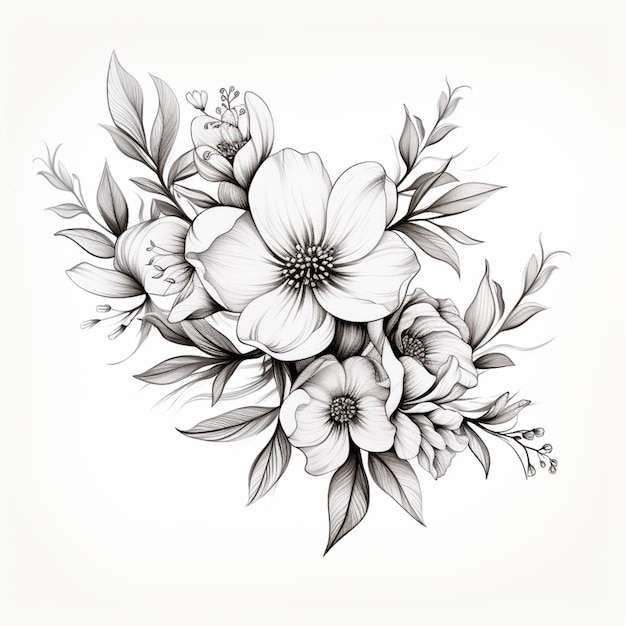 un dessin d'un bouquet de fleurs sur un fond blanc