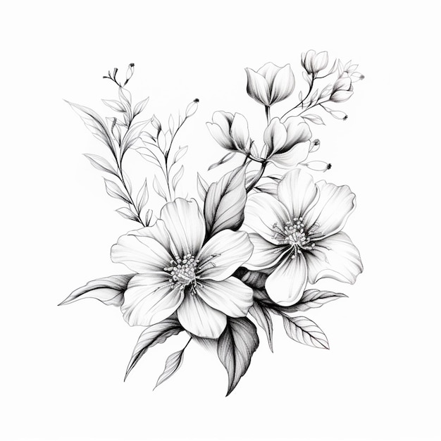 un dessin d'un bouquet de fleurs sur un fond blanc