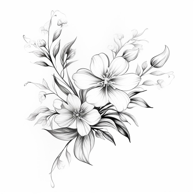 un dessin d'un bouquet de fleurs sur un fond blanc