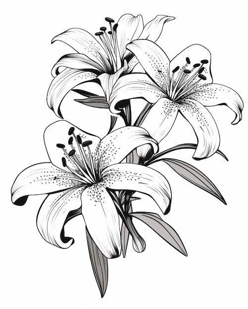 Un dessin d'un bouquet de fleurs avec des lignes noires et blanches générative ai