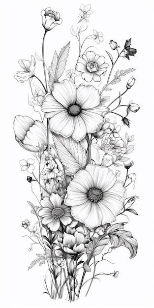 Un dessin d'un bouquet de fleurs avec un papillon sur le dessus générative ai