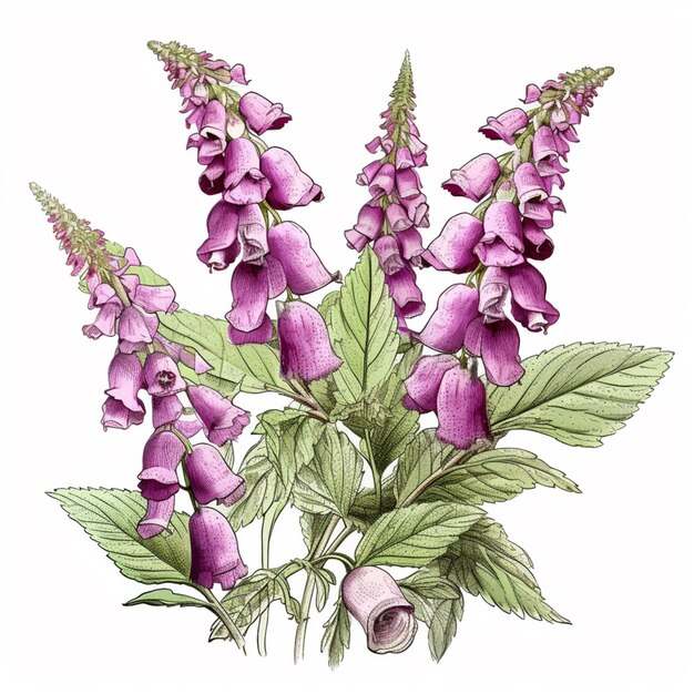 un dessin d'un bouquet de fleurs violettes avec des feuilles vertes