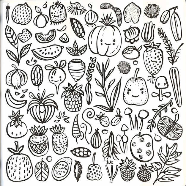 un dessin d'un bouquet de fruits et légumes sur une feuille de papier génératif ai
