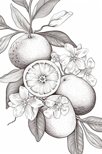 dessin d'un bouquet d'oranges avec des feuilles et des fleurs