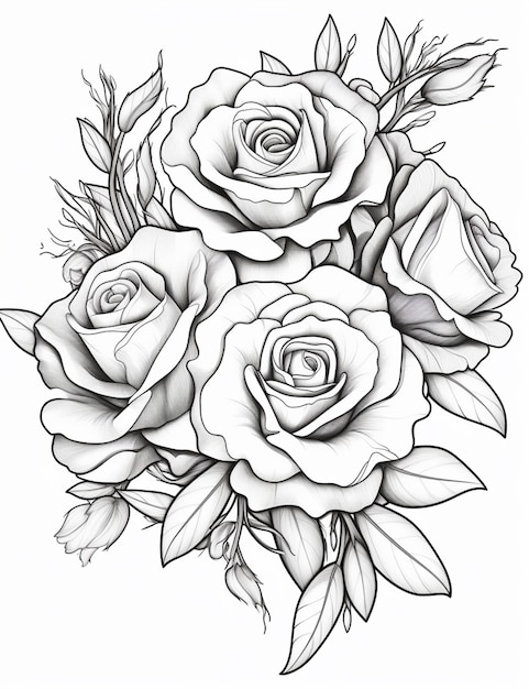 un dessin d'un bouquet de roses avec des feuilles sur fond blanc ai générative