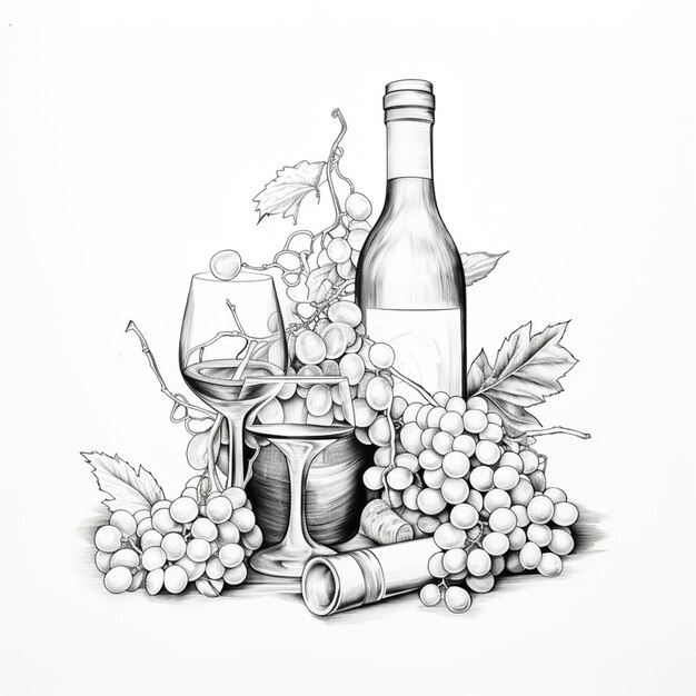 Photo dessin d'une bouteille de vin et de raisins avec un verre génératif ai
