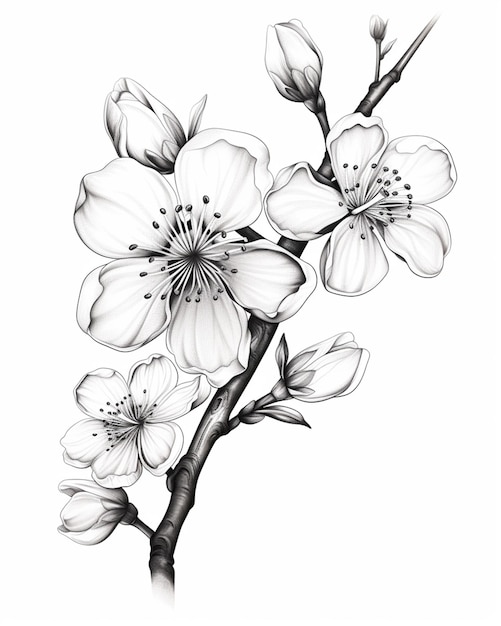 un dessin d'une branche de cerisier avec des fleurs ai générative
