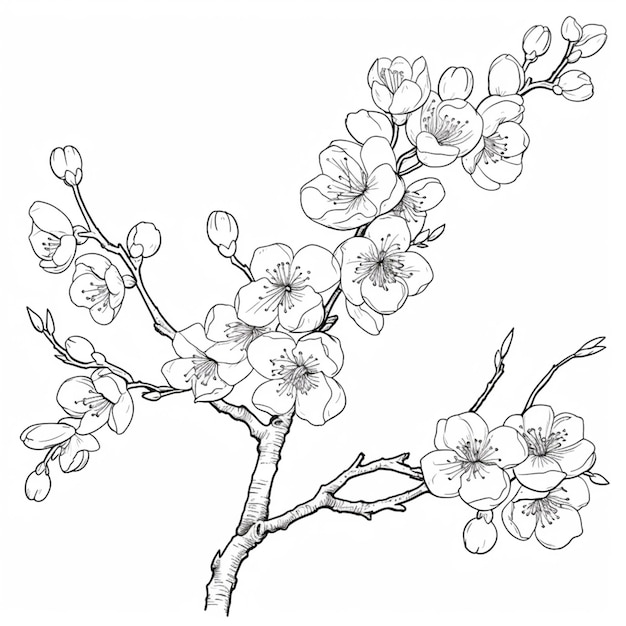 Photo un dessin d'une branche d'un cerisier avec des fleurs génératives ai