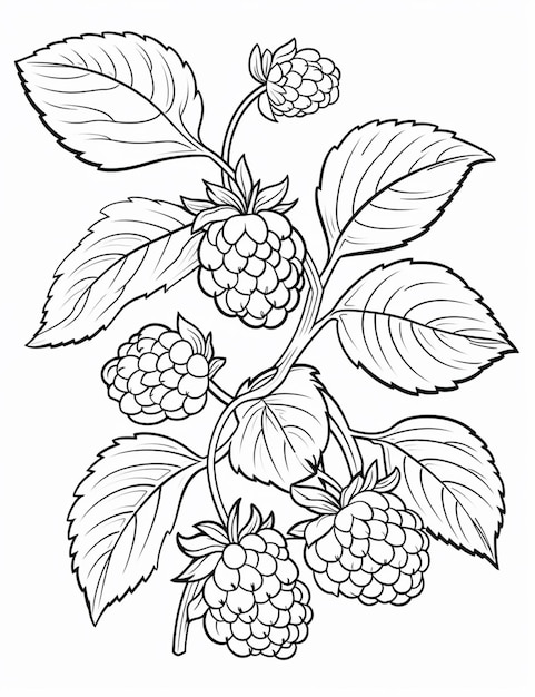 Un dessin d'une branche de framboises avec des feuilles et des baies génératives ai