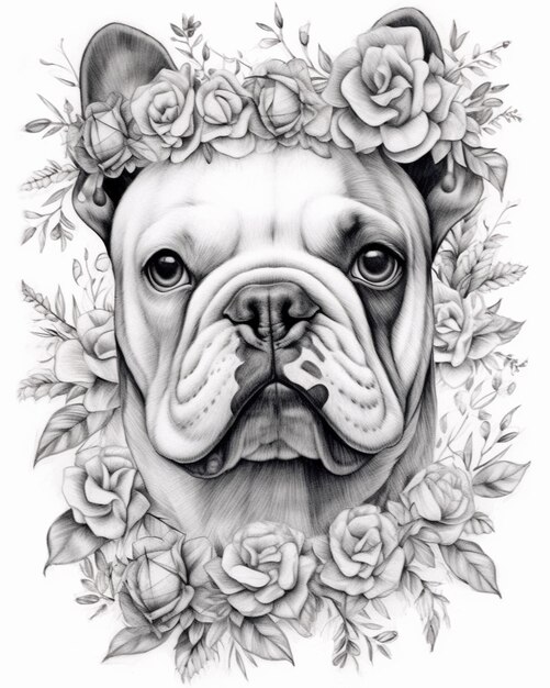 un dessin d'un bulldog avec des fleurs sur sa tête