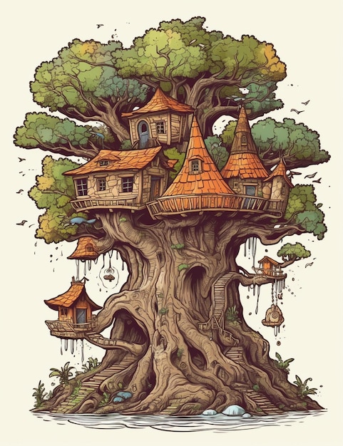 Un dessin d'une cabane dans un arbre avec un nichoir dessus.