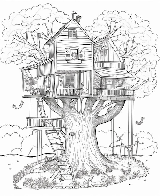 Un dessin d'une cabane dans les arbres avec une échelle et une maison dessus.