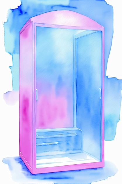 Un dessin d'une cabine de douche rose et bleue