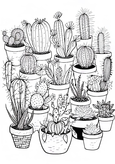 un dessin de cactus et de cactus dans une impression en noir et blanc.