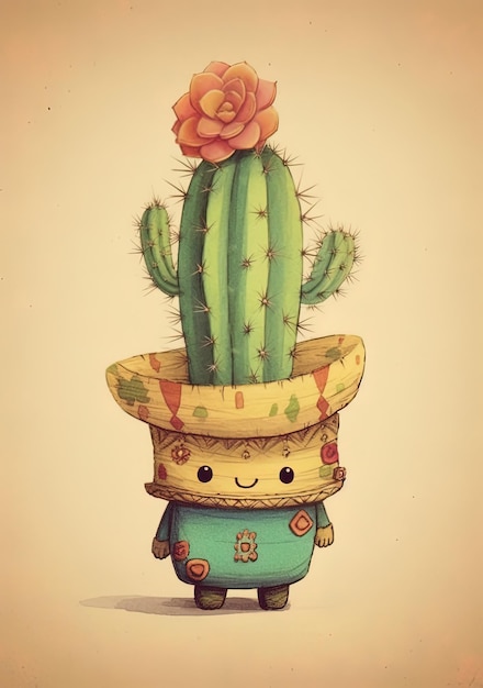 un dessin d'un cactus avec une fleur dessus