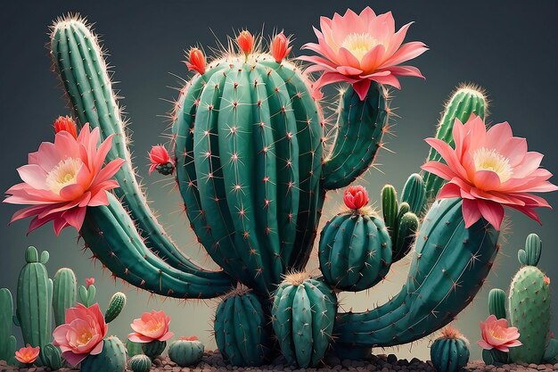 Un dessin d'un cactus avec des fleurs dessus