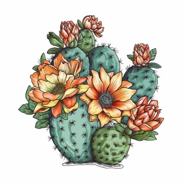 un dessin d'un cactus avec des fleurs et des gousses de cactus ai générative