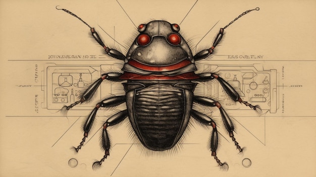 Un dessin d'un cafard avec des yeux rouges et un rouge