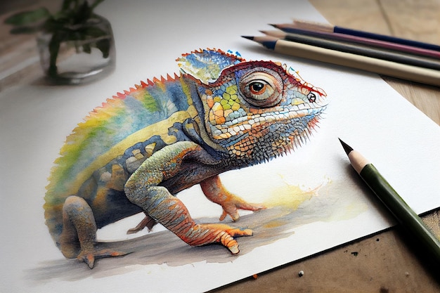 Dessin de caméléon avec un peu d'ai générative à l'aquarelle