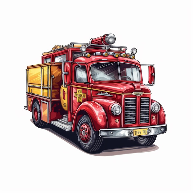 Un dessin d'un camion de pompier rouge avec une plaque d'immatriculation qui dit "service d'incendie" dessus.