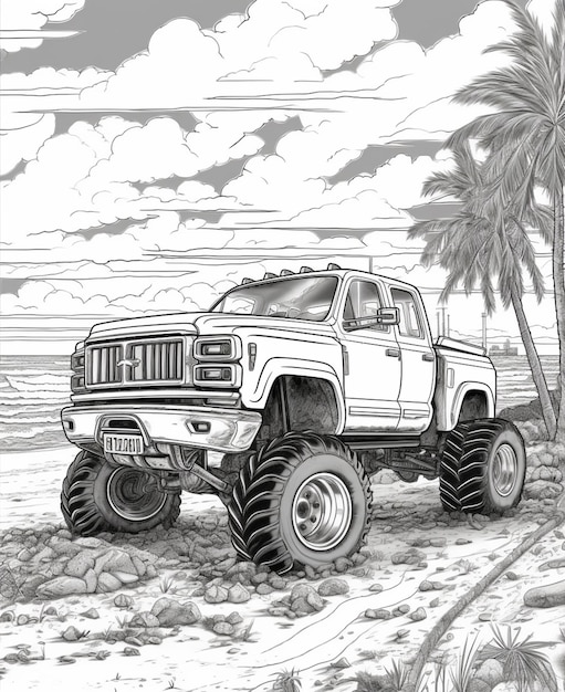 Photo un dessin d'un camion roulant sur une plage avec des palmiers ia générative