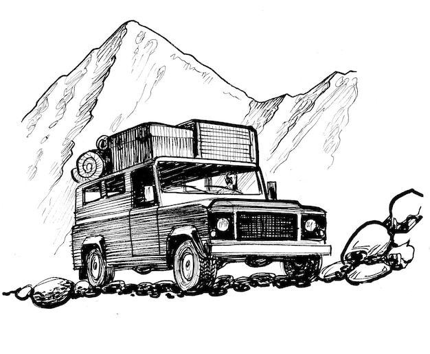 Photo un dessin d'une camionnette avec une montagne en arrière-plan.