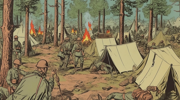 Un dessin d'un camp avec des tentes et un feu de camp.