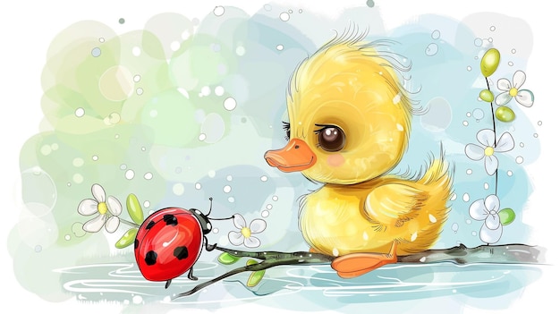 un dessin d'un canard et d'une femelle avec une fleur