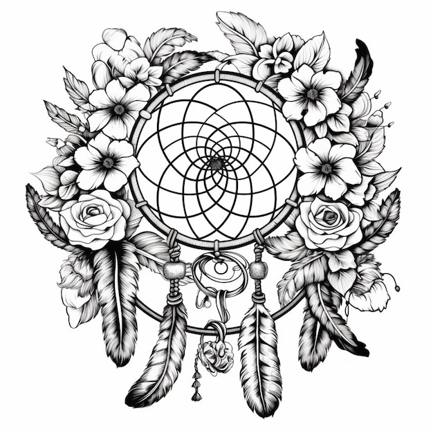 un dessin d'un capteur de rêves avec des fleurs et des plumes