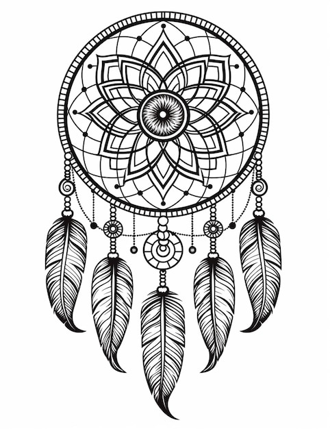 un dessin d'un capteur de rêves avec des plumes et un soleil génératif ai