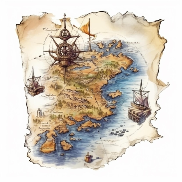 Un dessin d'une carte d'une île pirate avec des navires générative ai