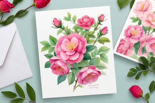 Dessin de carte de vœux à la rose d'aquarelle chinoise