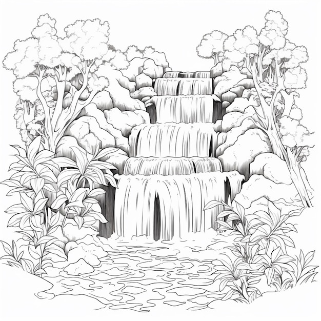 Un dessin d'une cascade dans une forêt avec des arbres et des buissons