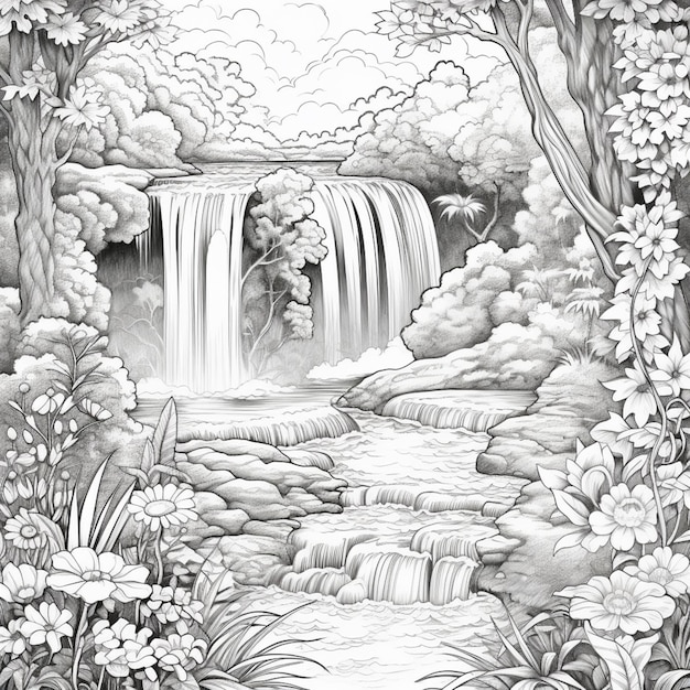 Un dessin d'une cascade dans une forêt avec des fleurs et des arbres génératifs ai
