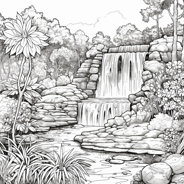 Un dessin d'une cascade dans un jardin avec des rochers et des arbres génératifs ai