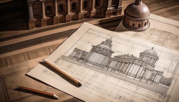 Dessin d'un célèbre bâtiment sur du vieux papier avec un crayon généré par l'intelligence artificielle